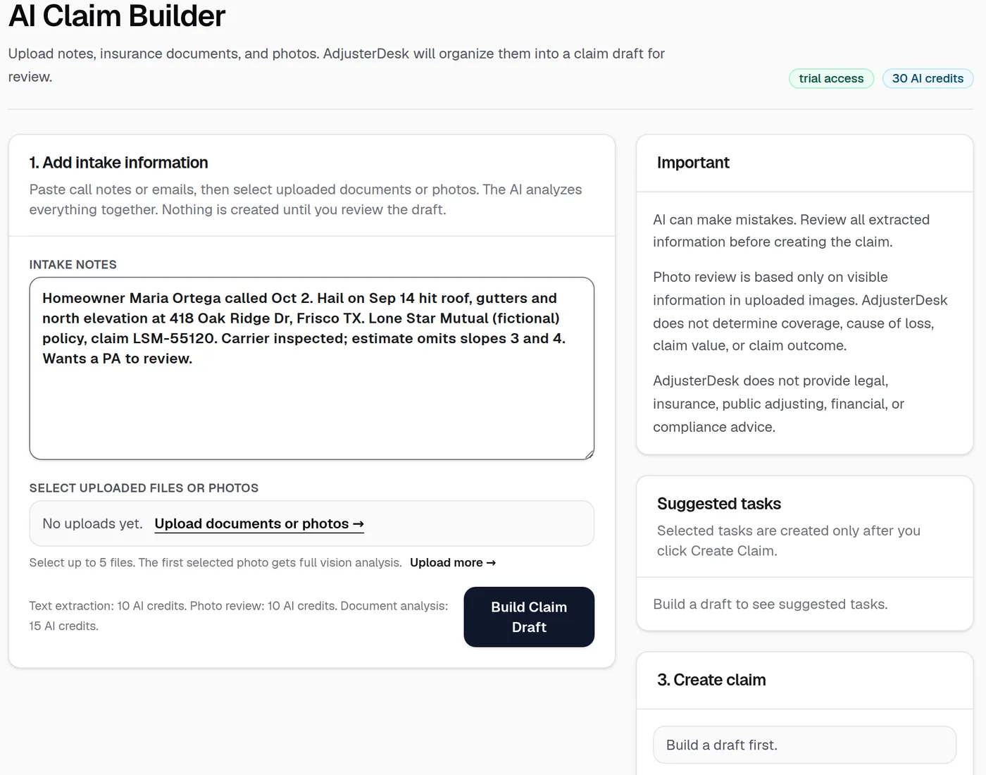 AdjusterDesk AI Claim Builder with call notes pasted in, ready to build a claim draft for review