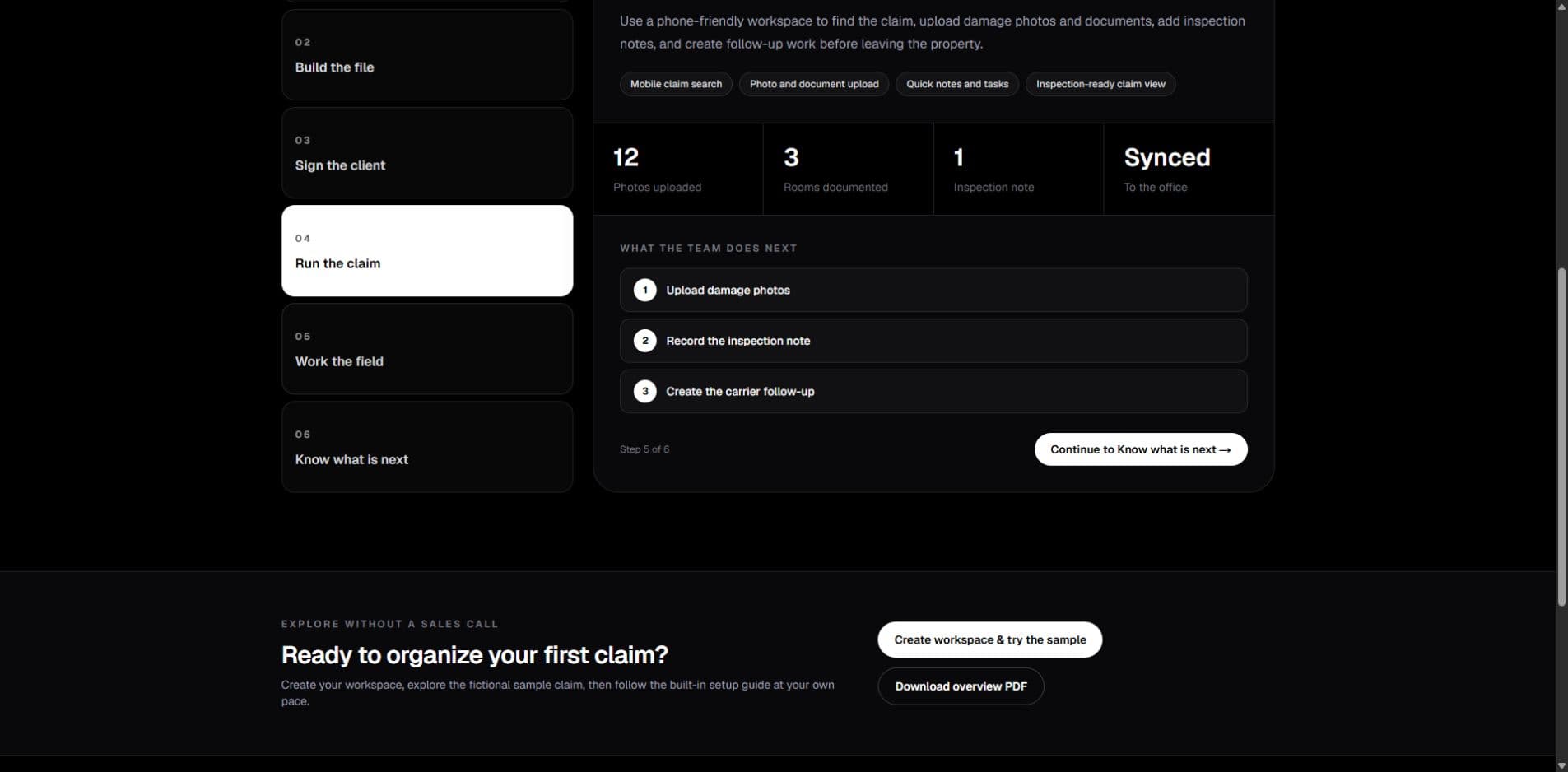 Representative AdjusterDesk guided sample showing a public-adjuster claim workflow